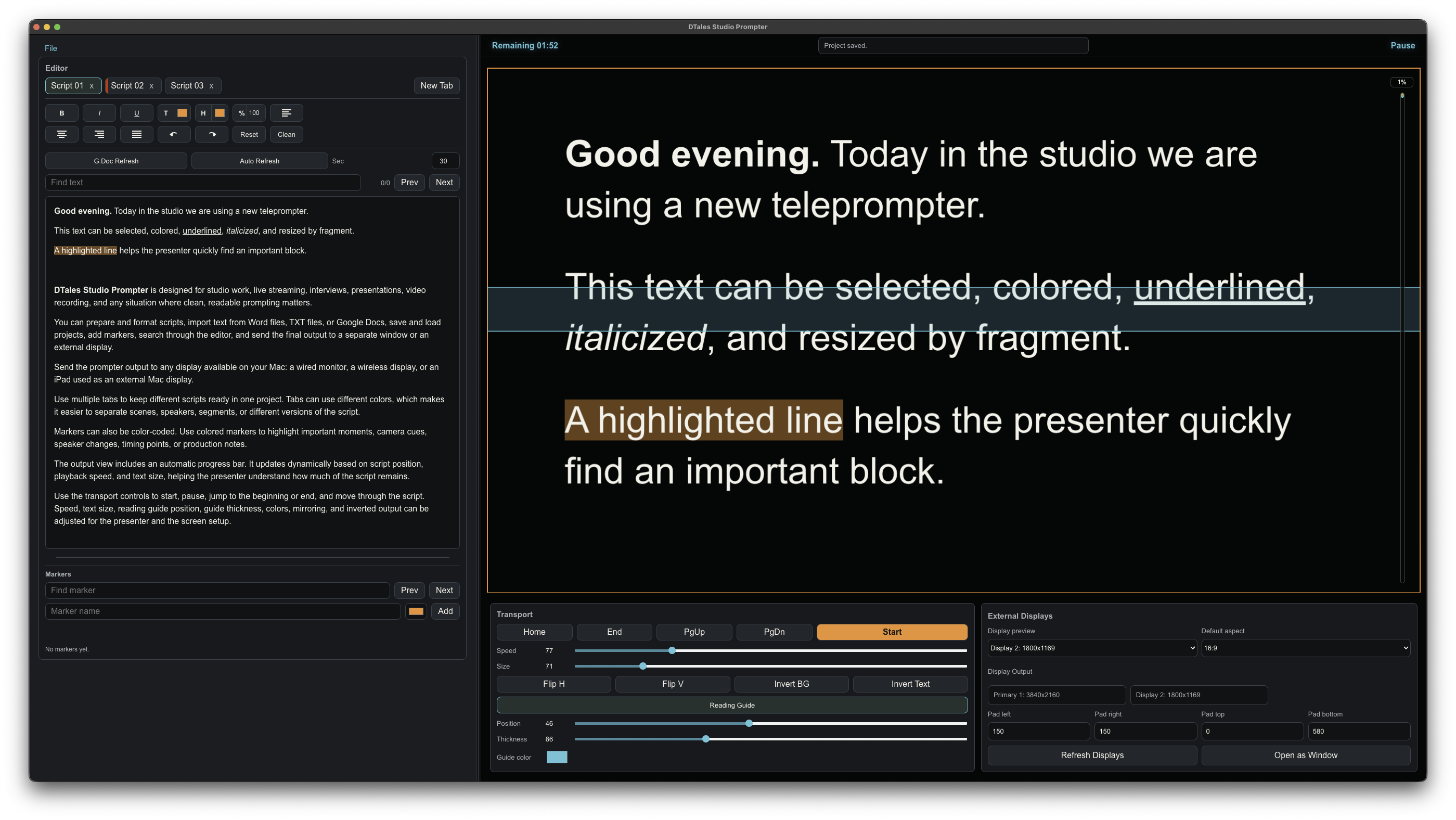 DTales Studio Prompter main app interface with editor and output preview