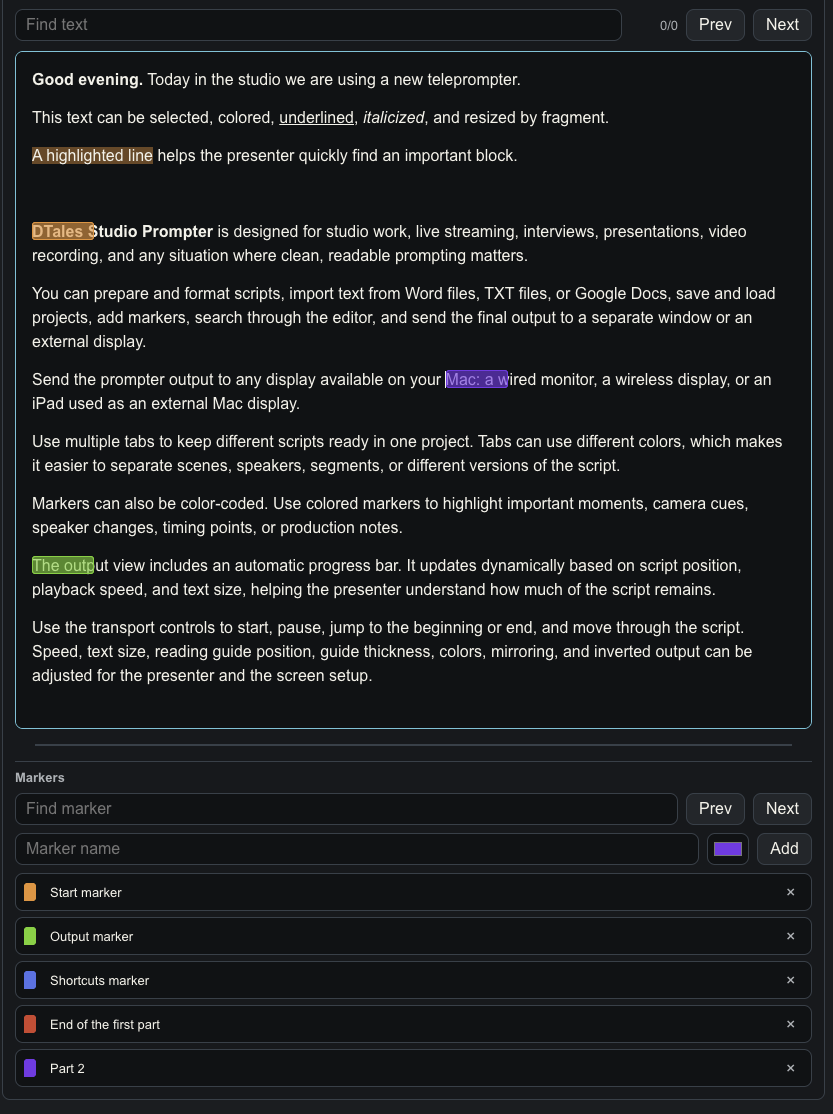 Script editor with colored markers and text search